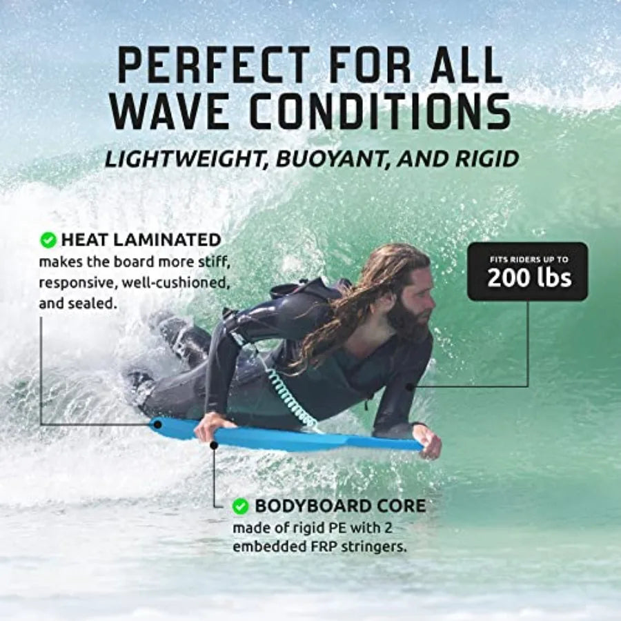 42'' Body Boards for Beach Pool Use: Lightweight PE Core IXPE Deck HDPE Bottom FRP Stringers High Performance with Double Swive