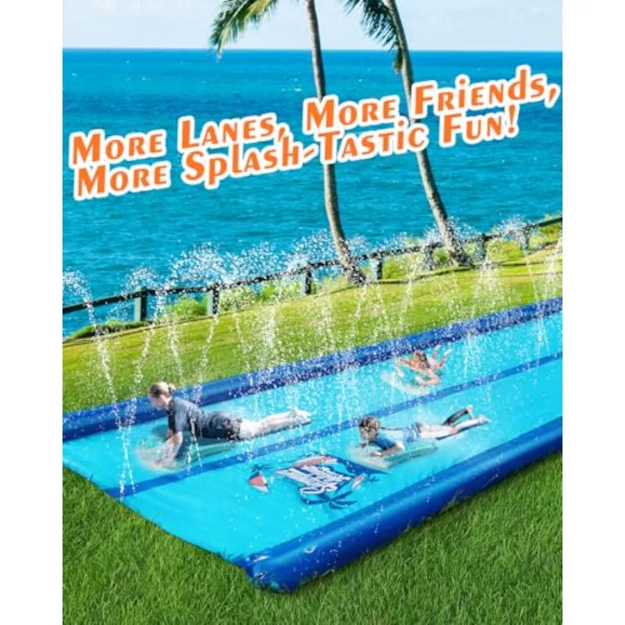 Backyard slip and water slide for kids and adults, 2-lane extra-long inflatable with sprinkler and bodyboards, heavy-duty PVC b