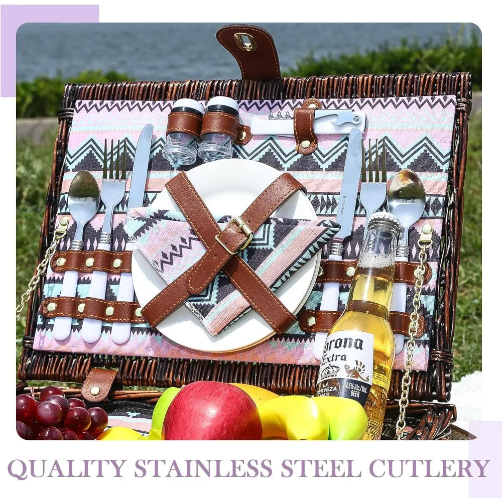 neti neti wicker picnic basket for 2 boho with insulated cooler & waterproof blanket – large willow picnic hamper for outdoor, c