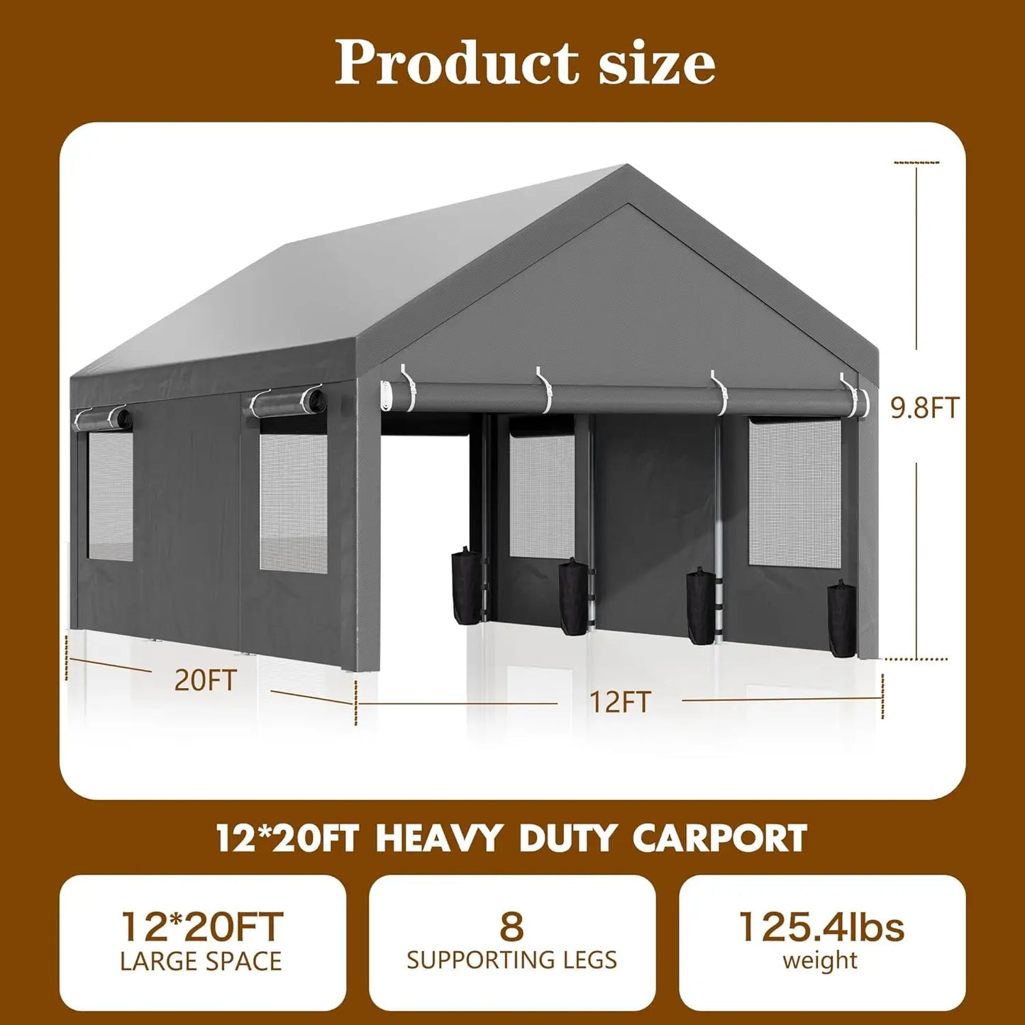 12x20 Ft Heavy Duty Carport Canopy Portable Garage with Roll-up Windows Removable Sidewalls & Doors Customizable Carport