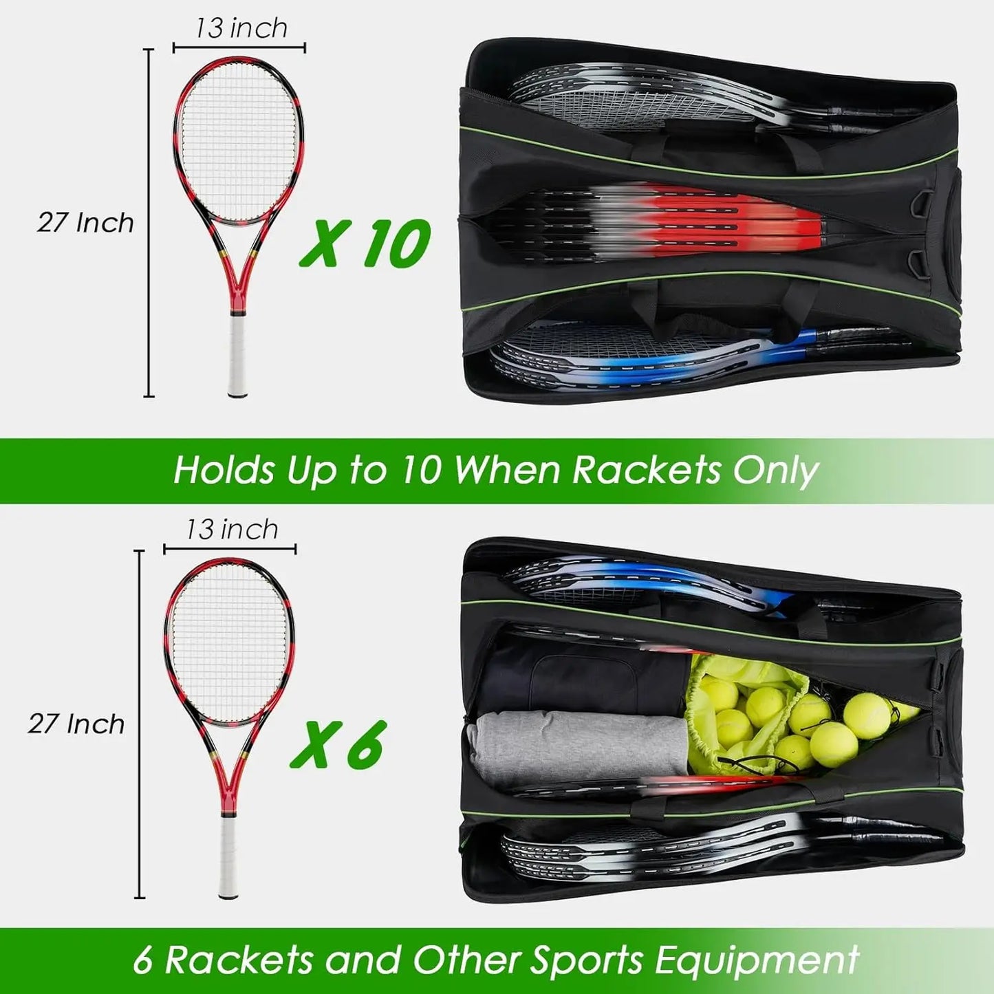 Large Tennis Bag for 6 Rackets with Shoe Compartment, Cooler Pocket & Removable Strap - Sport Equipment Backpack