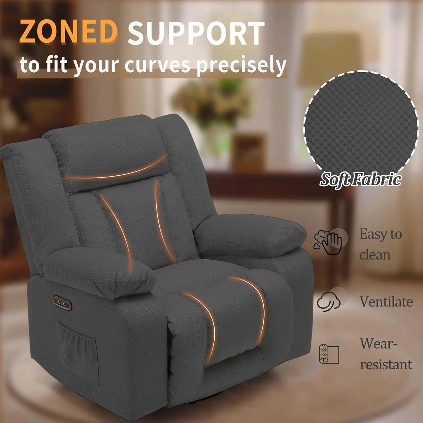 Oversized Power Recliner Chair,Electric Glider Reclining with Massage and Heating,Waffle Fabric Rocker Recliner with Side Pocket