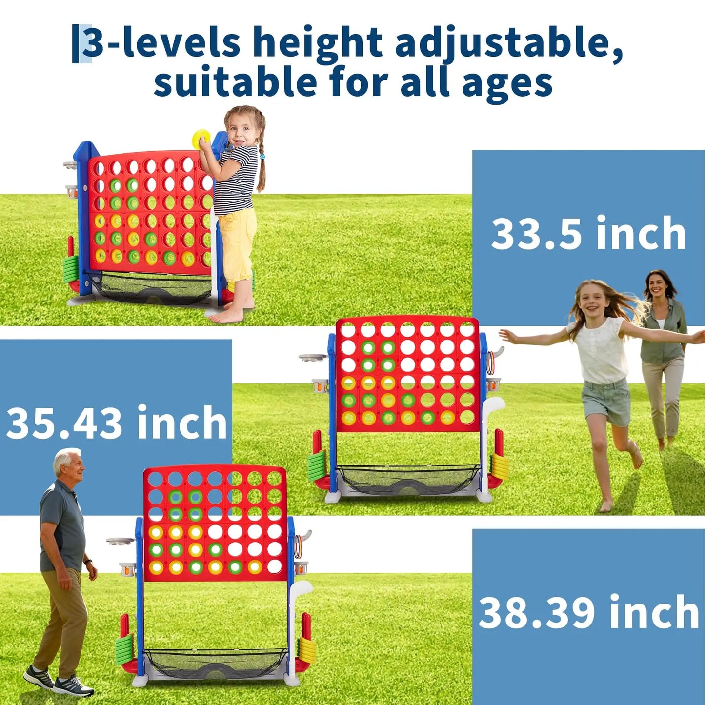 Giant 4 In A Row Game Set 4-in-1 Jumbo Yard Game With Basketball Hoop Ring Toss Adjustable Height Outdoor Family Party Toy