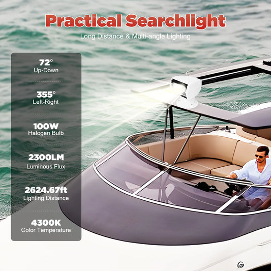 Spotlight Marine Spot Light Boat Searchlight Remote Control 12V 100W Waterproof, White, 360° Rotatable for Boat