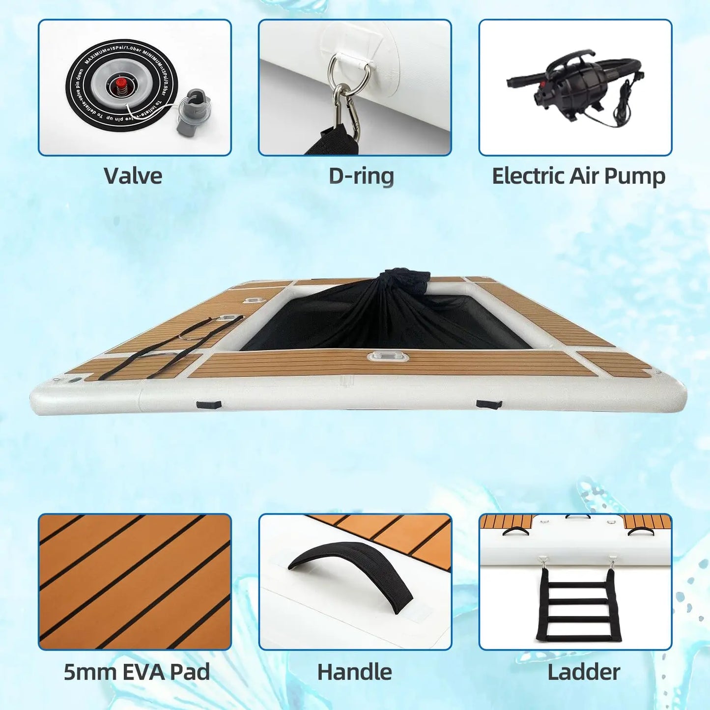 13FT Inflatable Pool Float Platform, Thick PVC Floating Dock with Non-Slip EVA Surface, Inflatable Floating Dock for Yacht/Boat