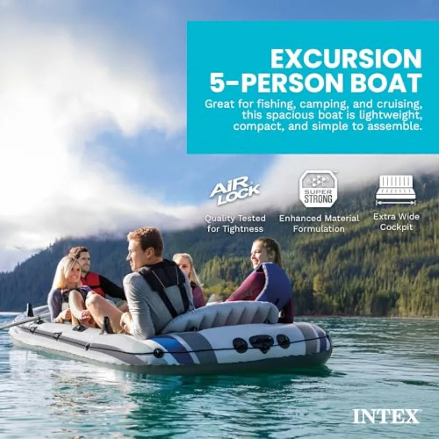 Excursion Inflatable Fishing Boat River Raft Set With Oars For Outdoor Water Activities, PVC Material, Gray And Blue, Durable A
