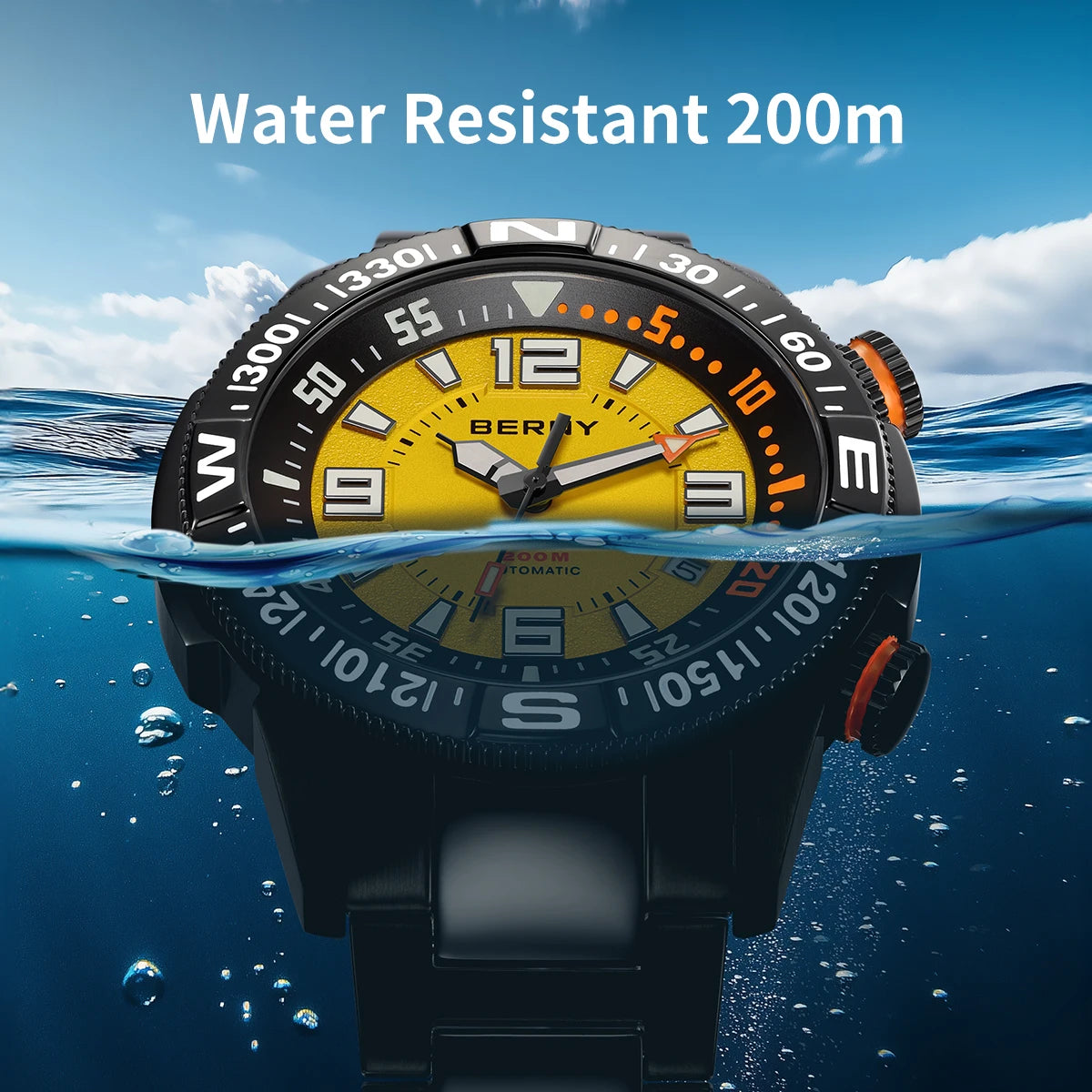 BERNY Automatic Diving Watches for Men 20ATM Super Luminous Mechanical Men's Diver Watch Full S/S Sapphire Swim Dive Wristwatch