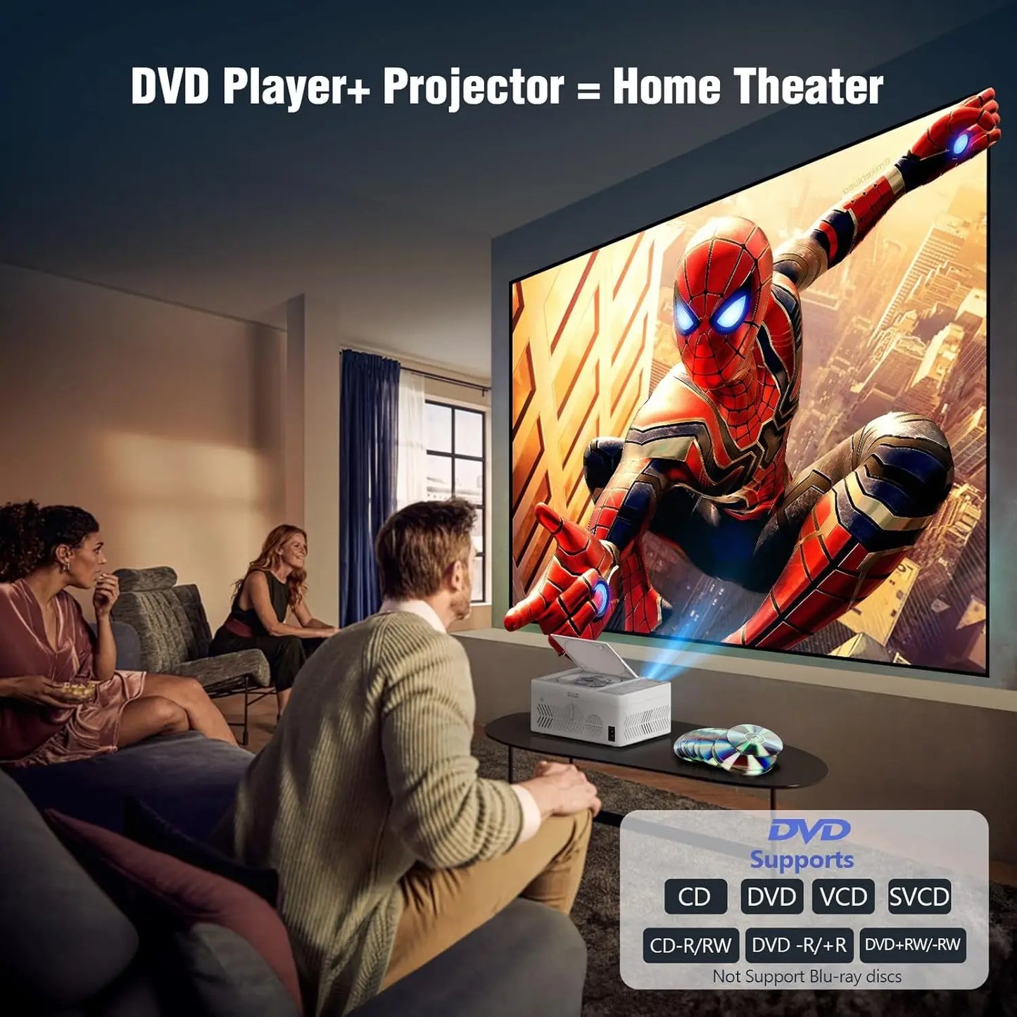 Portable 1080P Bluetooth Projector with Built-in DVD Player, Compatible with Smartphone/PC/USB/HDMI for Outdoor Movies
