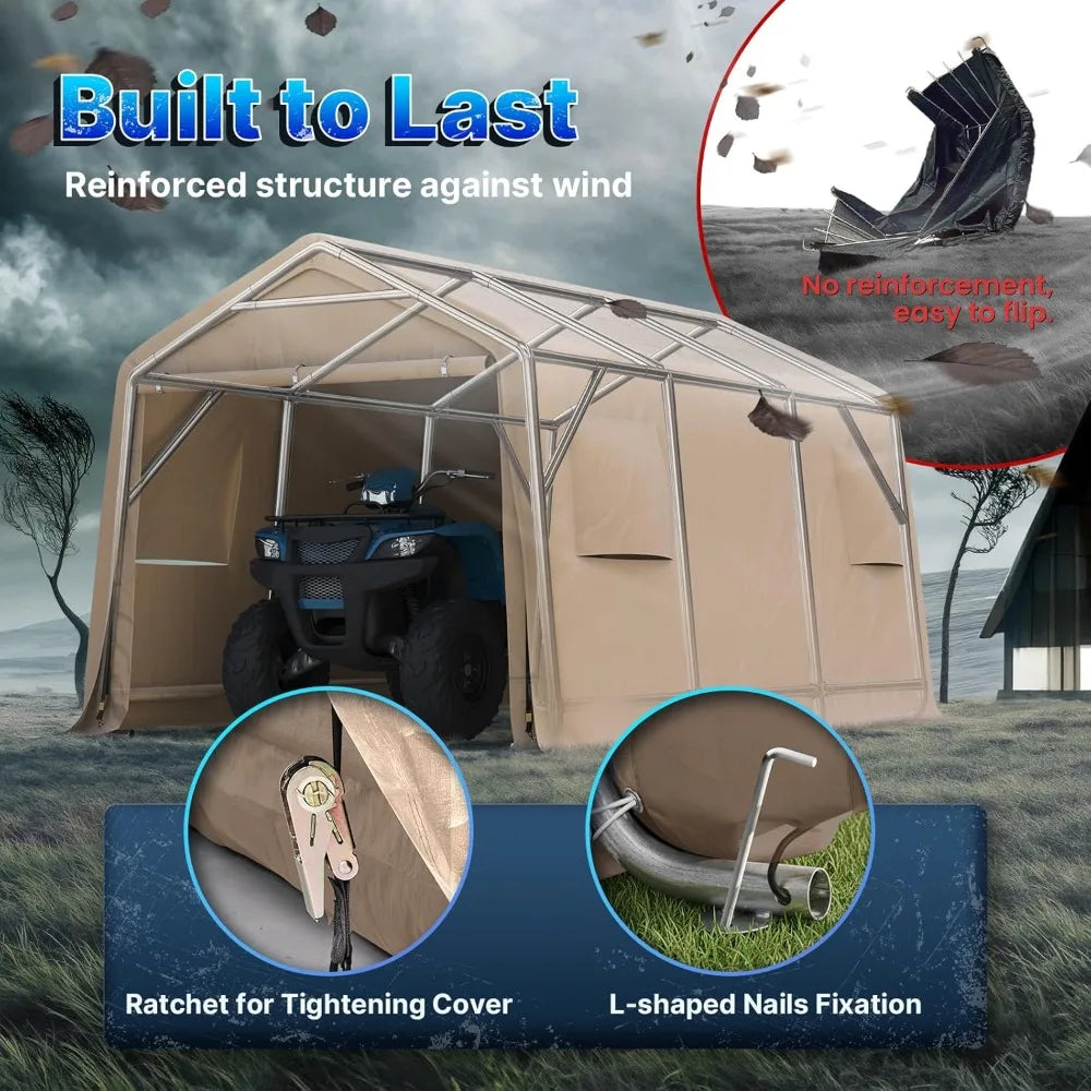 10x15 ft Shelter Storage Shed Steel Metal Peak Roof Portable Garage Carports for Motorcycle, Boat or Garden Tools, Customized