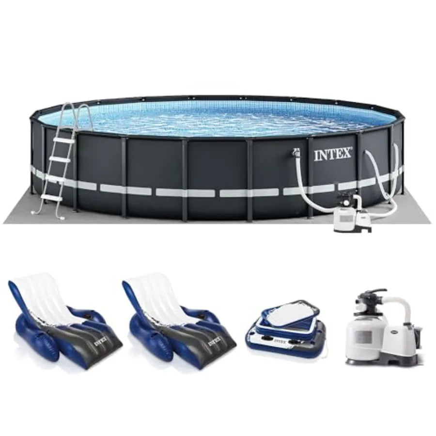 26ft x 52in Above Ground Swimming Pool Set with Sand Filter Pump Inflatable Lounge Recliners 2-Pack and Beverage Cooler in Blue