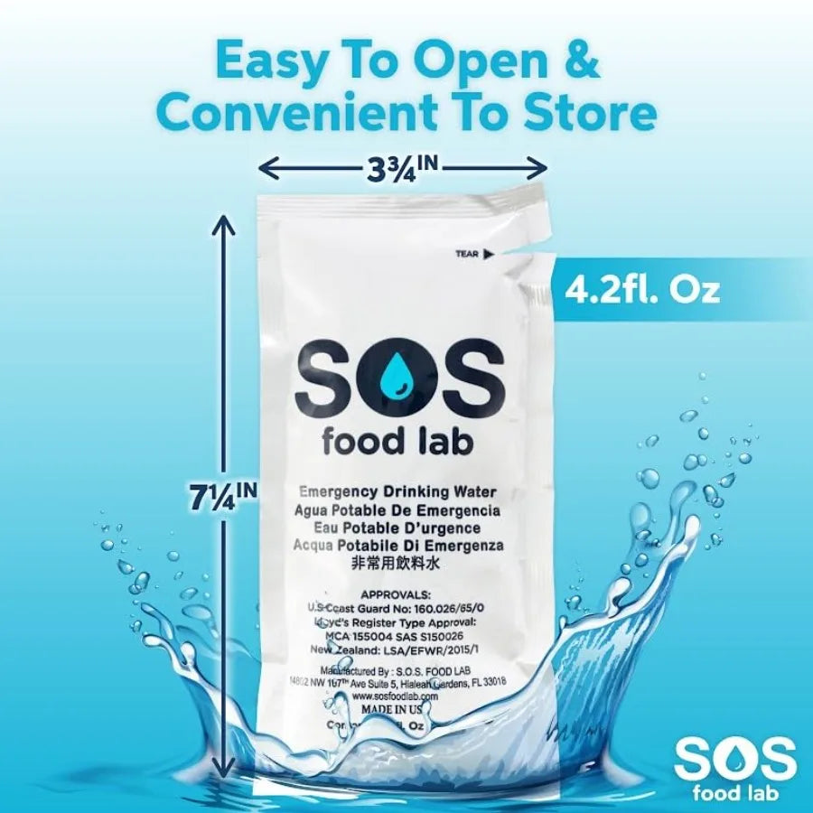 SOS Food Lab Emergency Water Pouches - 2 Gallons 4.2 Fl Oz Each - Triple Purified UV Sterilized Filtered Drinking Water for Dis