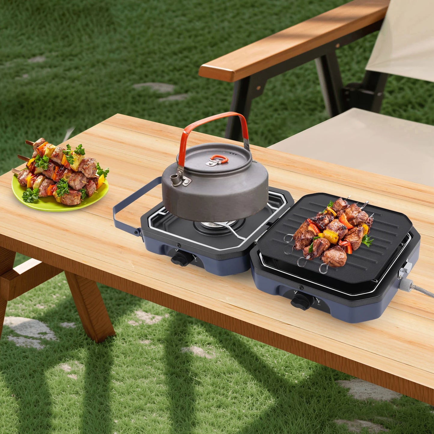 Camping Stove with Grill Pan, Non-stick Foldable Camp Stove Dark Blue, 2-Burners Portable Stove 2.3+2.3KW for Camping, BBQ
