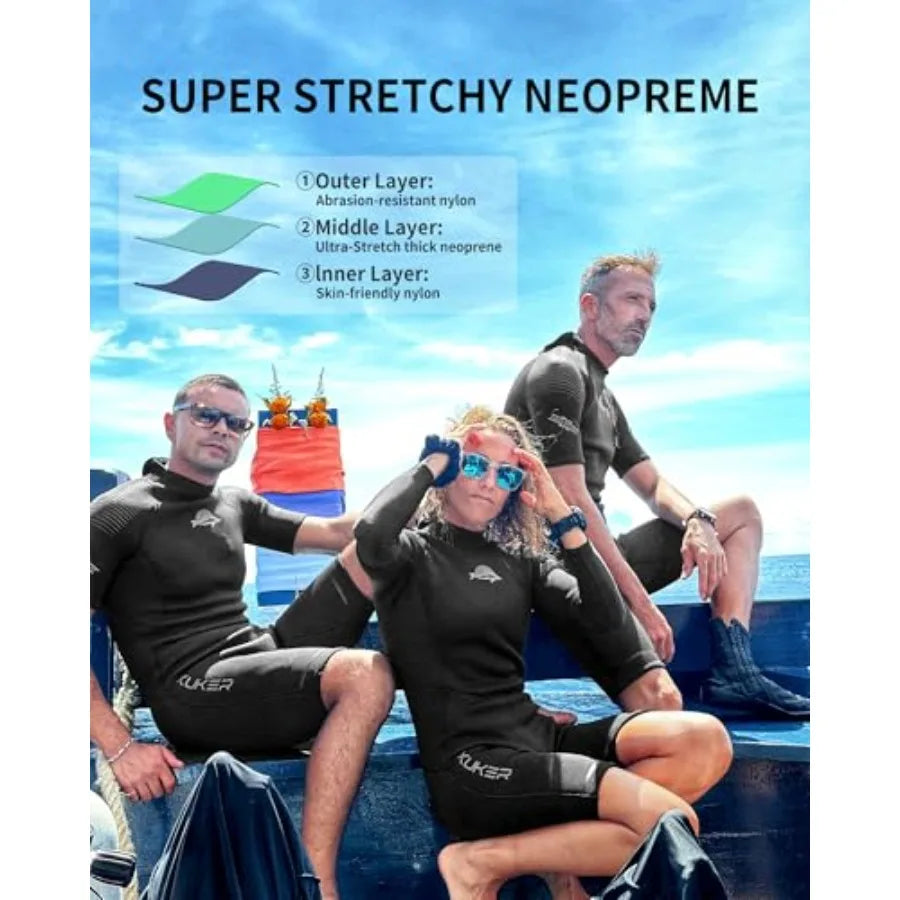 Diving, neoprene, black, 3mm back zip shorty wetsuit for thermal protection in snorkeling, surfing, swimming