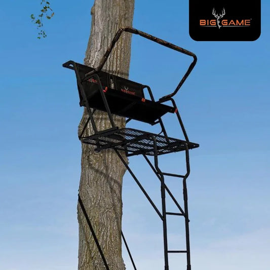 Big Game Striker XL 17.5FT Ladder Treestand Flip Back Seat Padded Armrest Deep Foot Platform Outdoor Hunting Stand