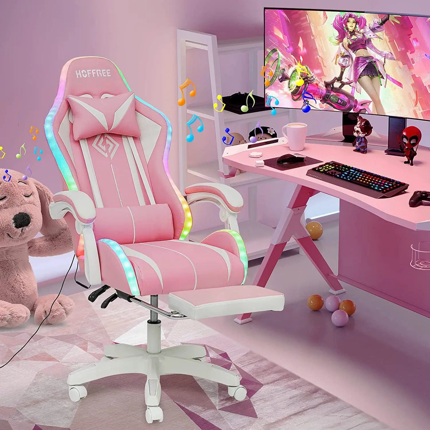 RGB Gaming Chair with Speakers Massage Computer Gaming Chair with LED Lights and Footrest High Back Video Game, Customized