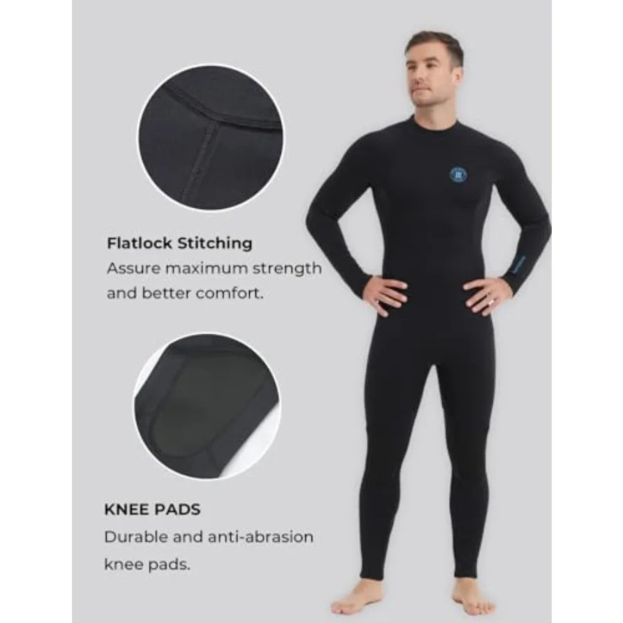 Men's wetsuit for diving, snorkeling, surfing, swimming; neoprene; black; front zip, 3/2mm and 5/4mm thickness