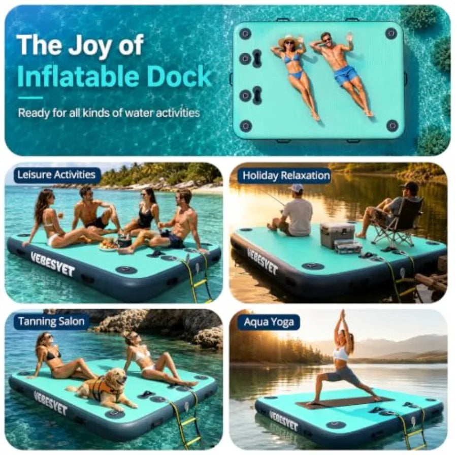 Inflatable Floating Dock Platform For Lake Ocean Swimming Fishing And Pets 6-Inch Reinforced PVC In Blue With Soft Ladder Pump