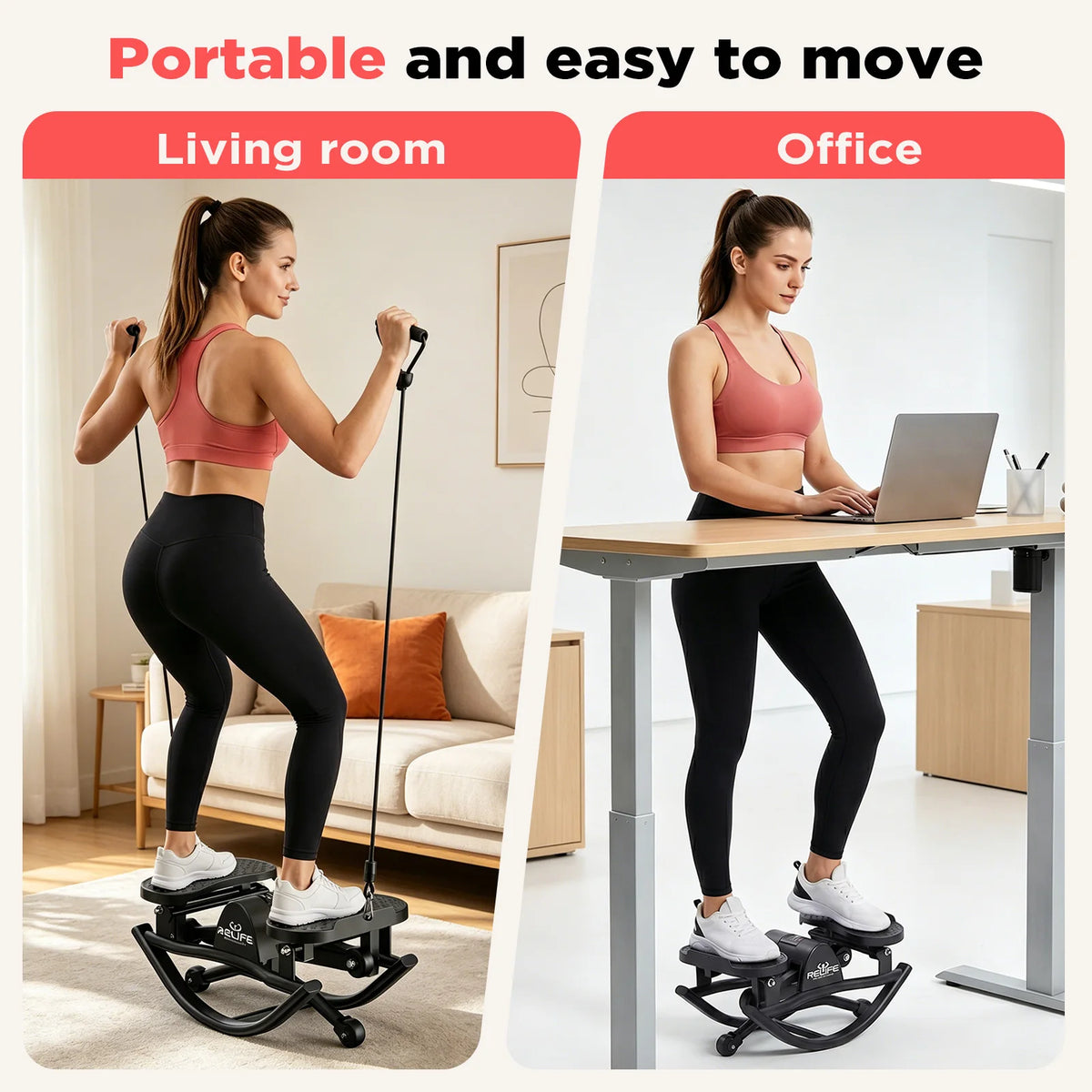Relife 3D Lateral Rocking Stepper with Resistance Bands, Low-Impact Full-Body Workout Machine, 330LB Capacity Joint-Friendly Home Fitness Equipment with LCD Monitor, Compact Quiet Stepper for Hips, Legs & Core Training