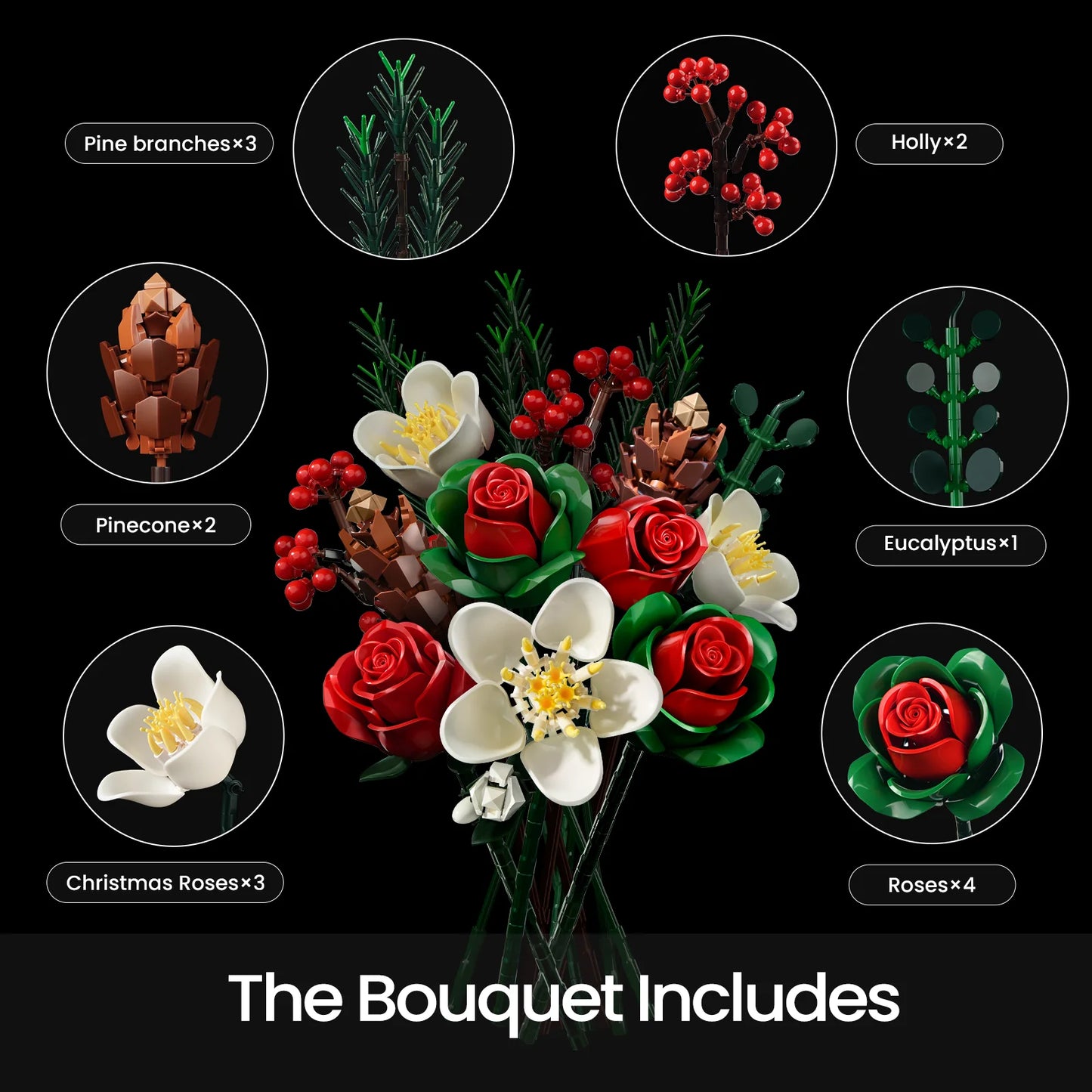 Christmas Roses Bouquet Building Set Blocks Flowers DIY Artificial Botanical Home Decor Valentines Day Creative Gifts for Adults