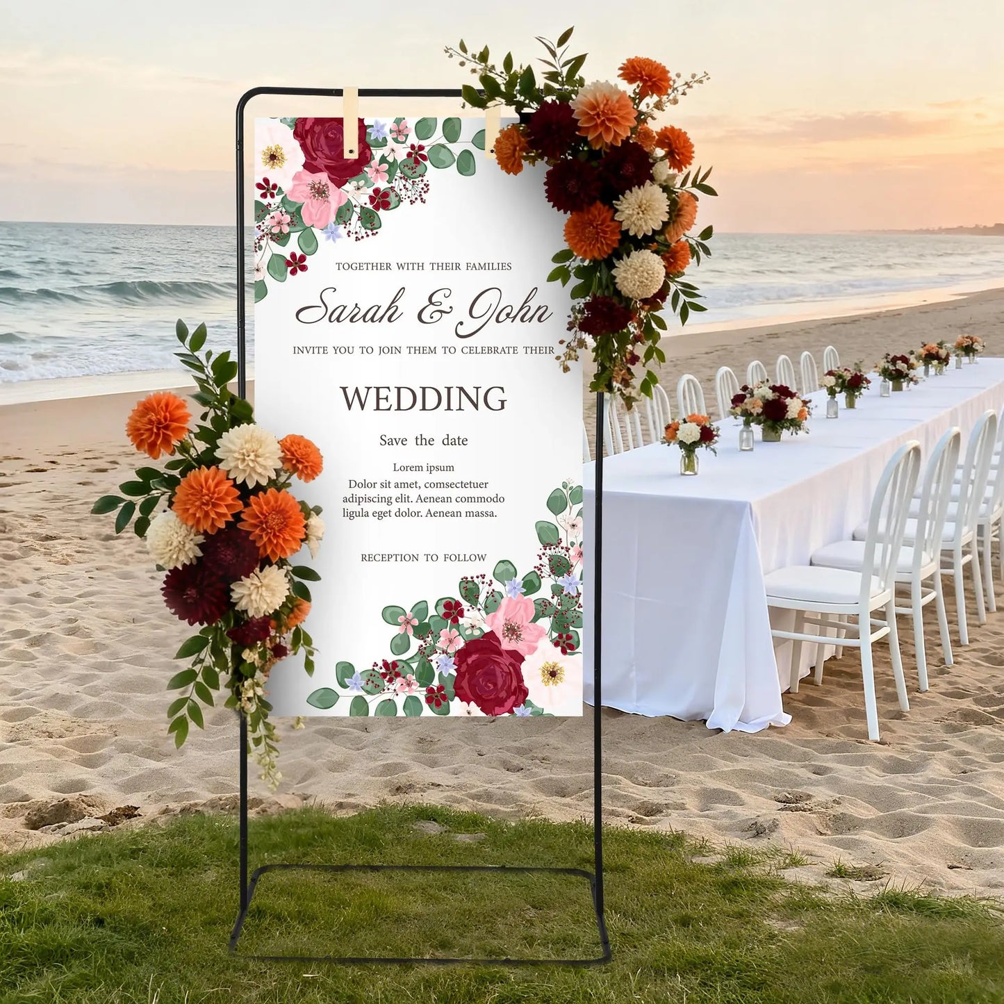 Adjustable Welcome Sign Stand 50 to 68 Inch Metal Easel Sign Holder for Wedding Birthday Baby Shower Parties with Leather Straps