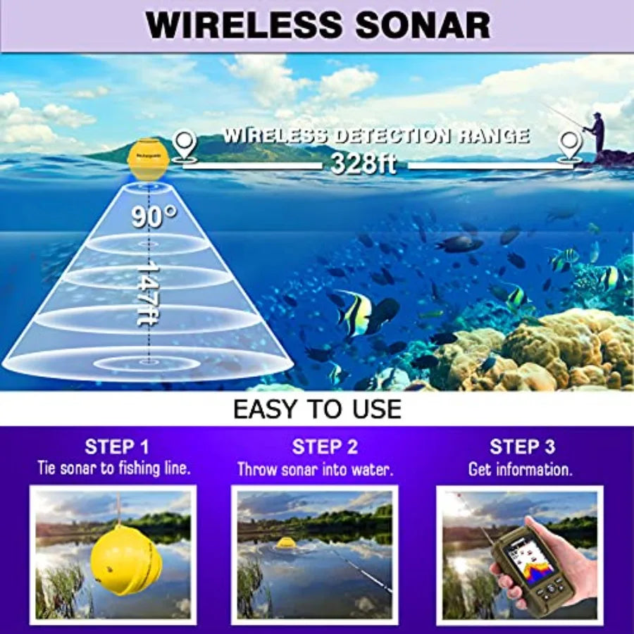 Kayak and ice fishing transducer: waterproof wireless handheld sonar depth finder with wired sensor, black ABS plastic housing,