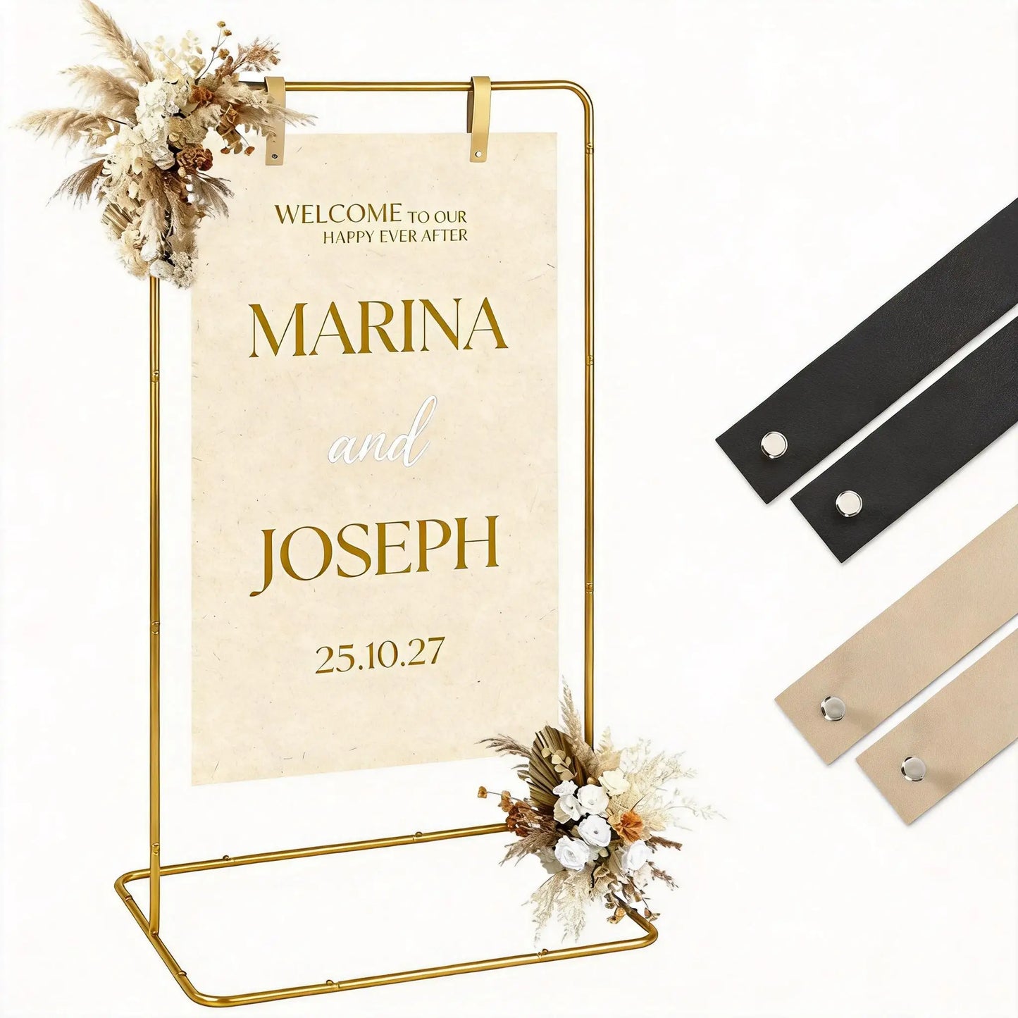 Adjustable Welcome Sign Stand 50 to 68 Inch Metal Easel Sign Holder for Wedding Birthday Baby Shower Parties with Leather Straps