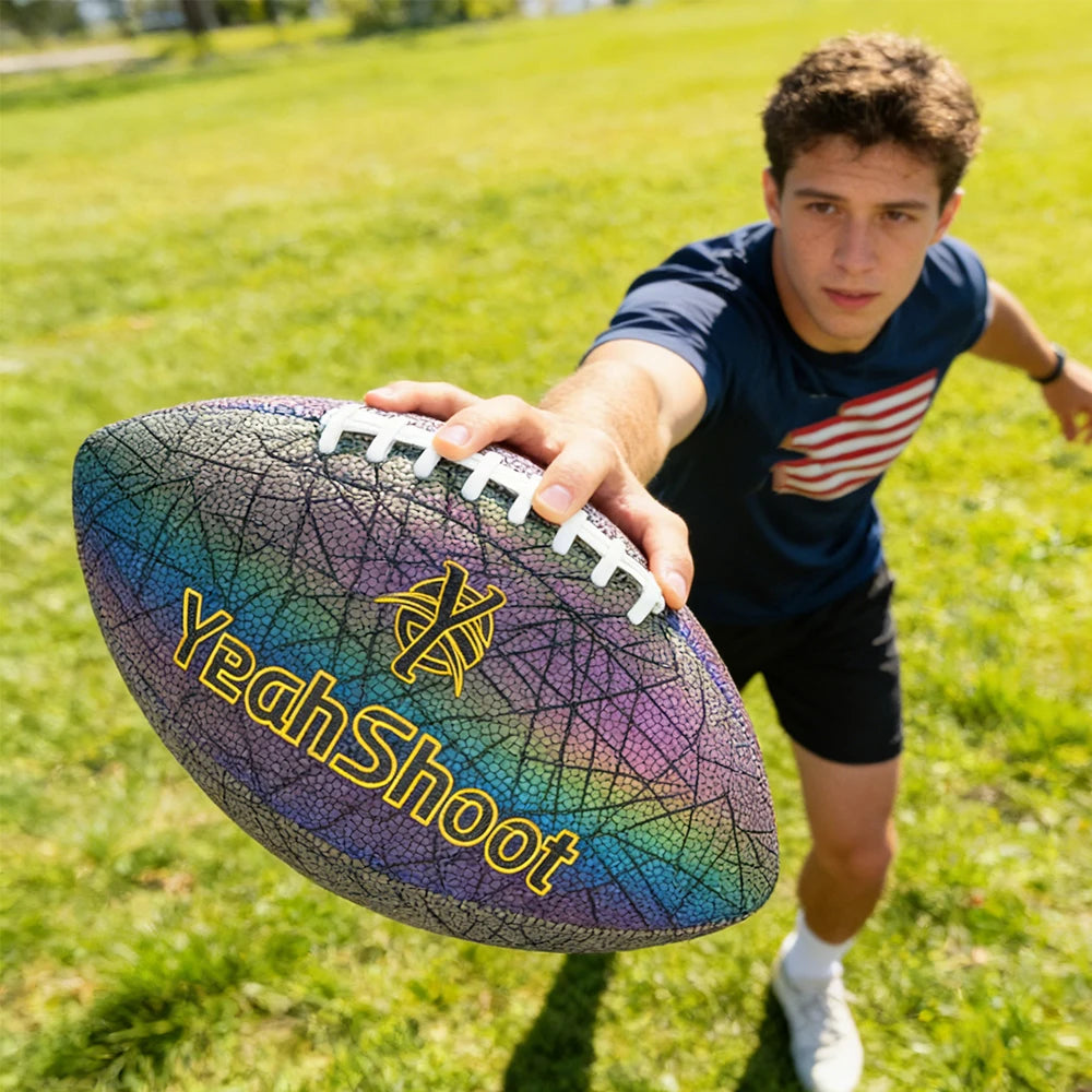 New Holographic Reflective Football Size 9-Glow in The Dark Premium American Football with Stunning Luminous Rugby Durable Grip