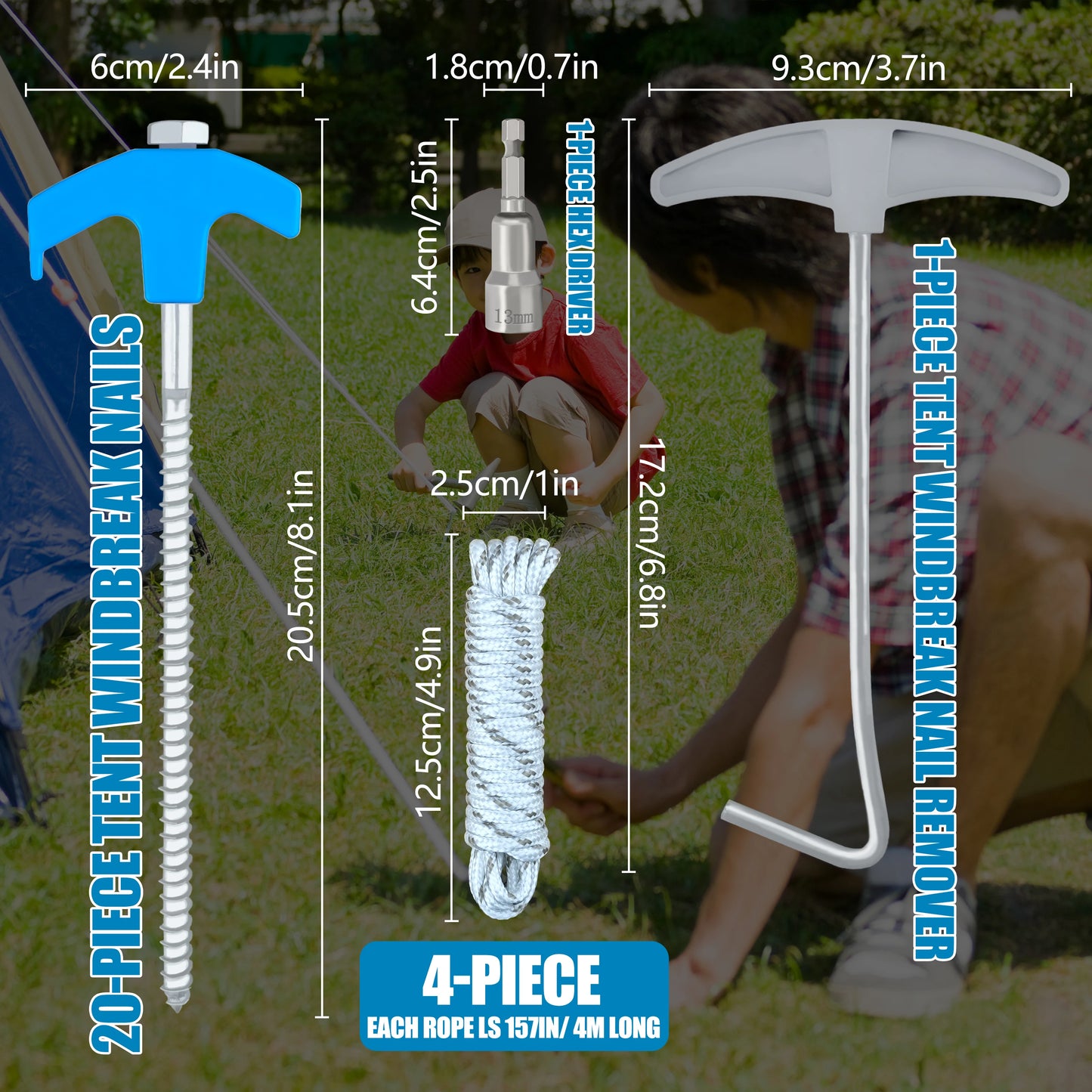 Heavy Duty Spiral Tent Stakes Screw in Ground Anchors with Rope and Driver for Camping Hiking Outdoor