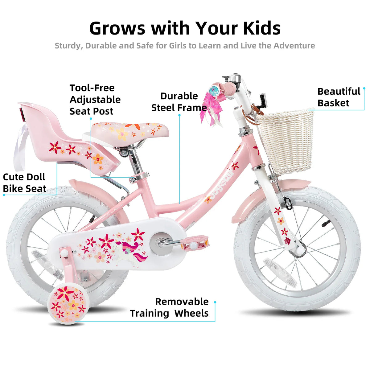JOYSTAR Unicorn Girls Bike for Kids Ages 2-9,Kids Bike with Training Wheels, Streamers, Basket and Doll Seat