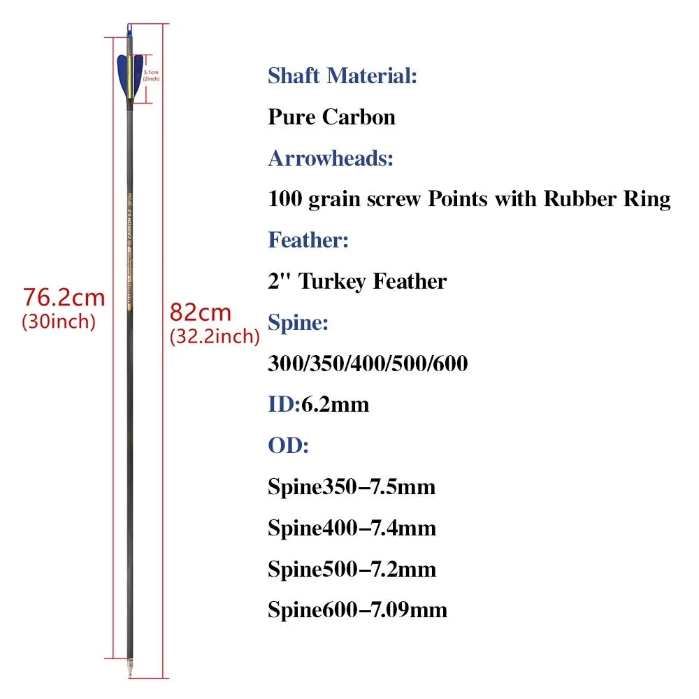 Archery Arrows 32 Inch Pure Carbon Spine 500/600 ID6.2mm with 2 Inch Feathers for Hunting Shooting Target Practice