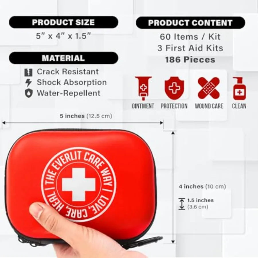 Mini-Aid First Aid Kit Compact and Lightweight Case with Carabiners for Travel Family and Kid Friendly 180 Pcs Wound Care plies