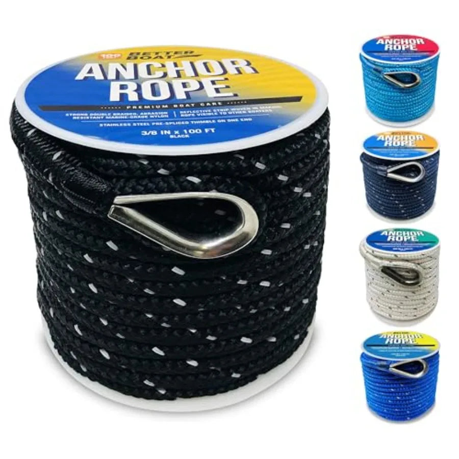 Premium Anchor Rope 100 Feet Double Braided Nylon Marine Line Reflective 3/8 Inch Reel for Anchors and Boats