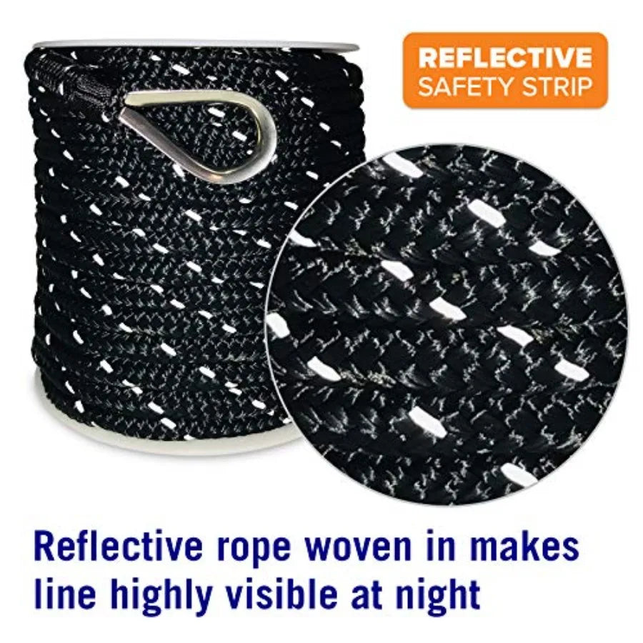 Premium Anchor Rope 100 Feet Double Braided Nylon Marine Line Reflective 3/8 Inch Reel for Anchors and Boats