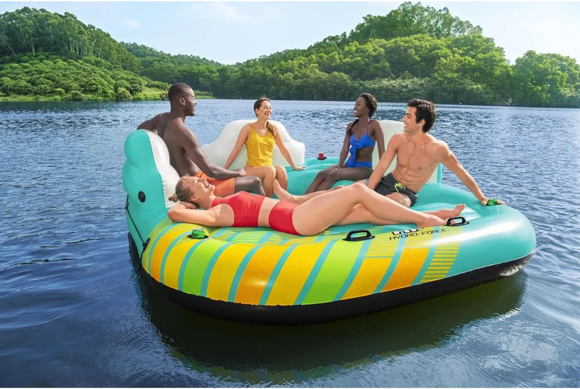 Bestway Hydro Force Sunny 5 Person Inflatable Large Floating Island Lake Water Lounge Raft with Cup Holders and Removable