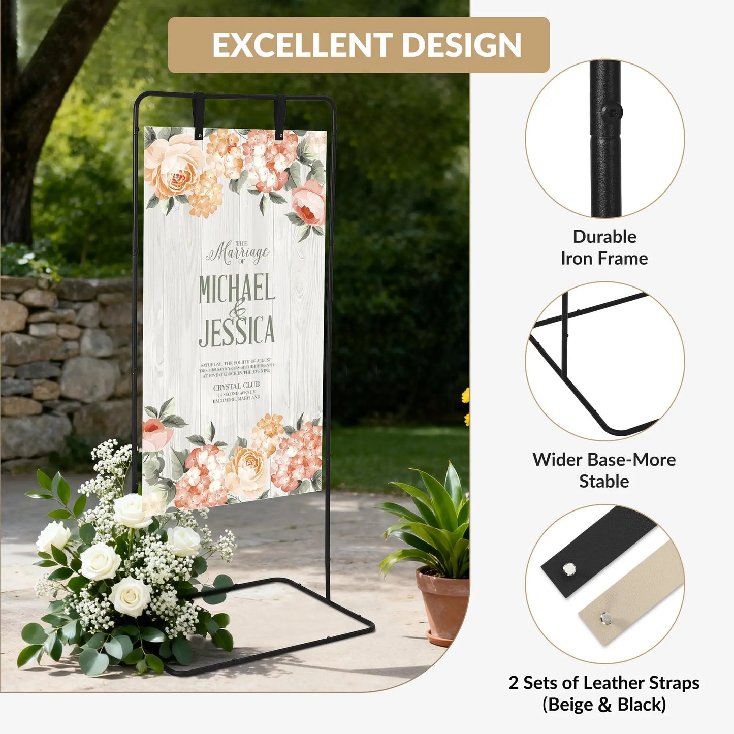 Adjustable Welcome Sign Stand 50 to 68 Inch Metal Easel Sign Holder for Wedding Birthday Baby Shower Parties with Leather Straps