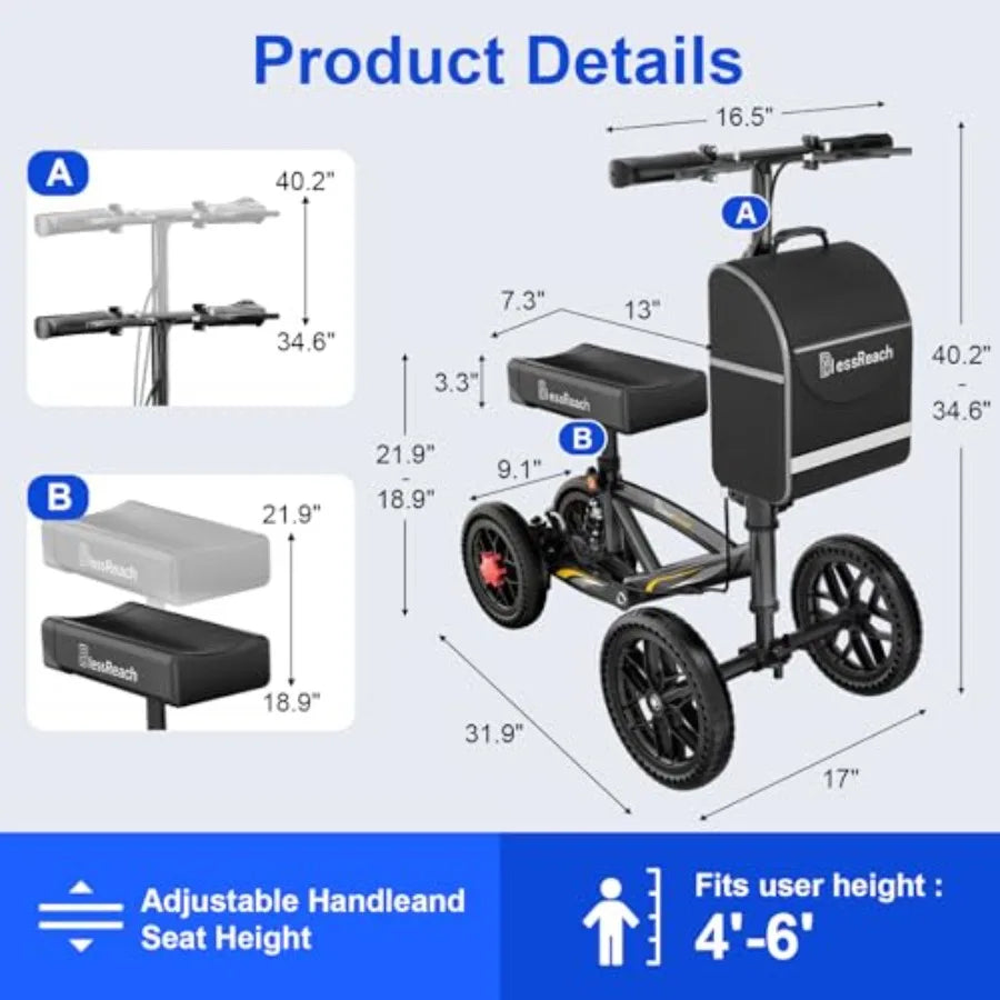 All Terrain Foldable Knee Scooter Walker for Foot Injuries and Recovery - Compact Lightweight and Economical Alternative to Cru
