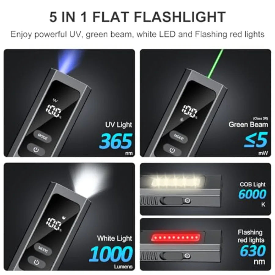 5IN1 EDC Flat Flashlight with Beam, 1000 Lumen Rechargeable Pocket Magnetic Work Light with UV Light, Side Light and Warning Li