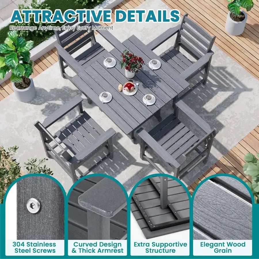 HDPE Dining Table Set, 5Piece AllWeather HDPE Outdoor Table and Chairs with Elegant Armrest, Wood Grain Patio Furniture Sets wi