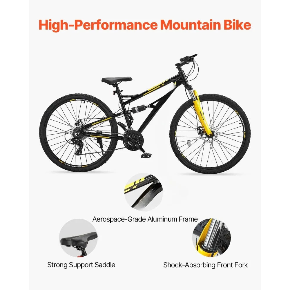 Mountain Bike for Men/Women, 20"/26"/29" Sizes, 7/21/24 Speed Twist Shifting, Front or Dual Suspension, Dual Disc, Customized