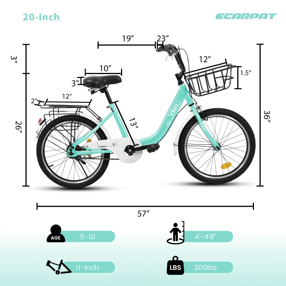 A20182 20 Inch Kids Bike for Boys & Girls, Children's Bicycle with V-Brake, 1-Speed, Chain Guard & Rear Rack, Lightweight Steel Frame (Pink, Green, Purple, White)