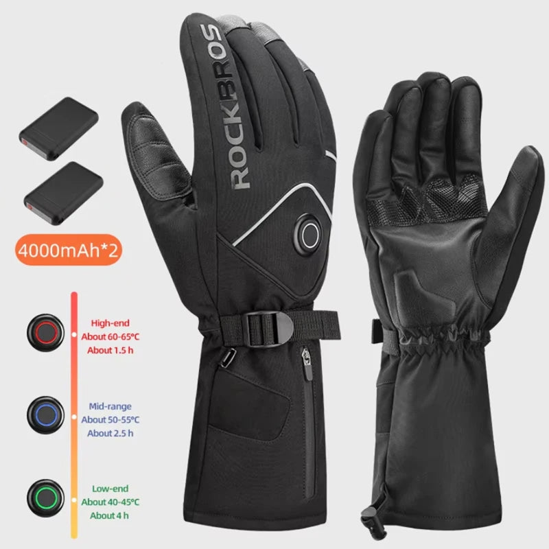ROCKBROS Heated Skiing Gloves Men Women Winter Motocycle Screen Touch Waterproof Rechargeable 4000mAh Battery Heated Gloves