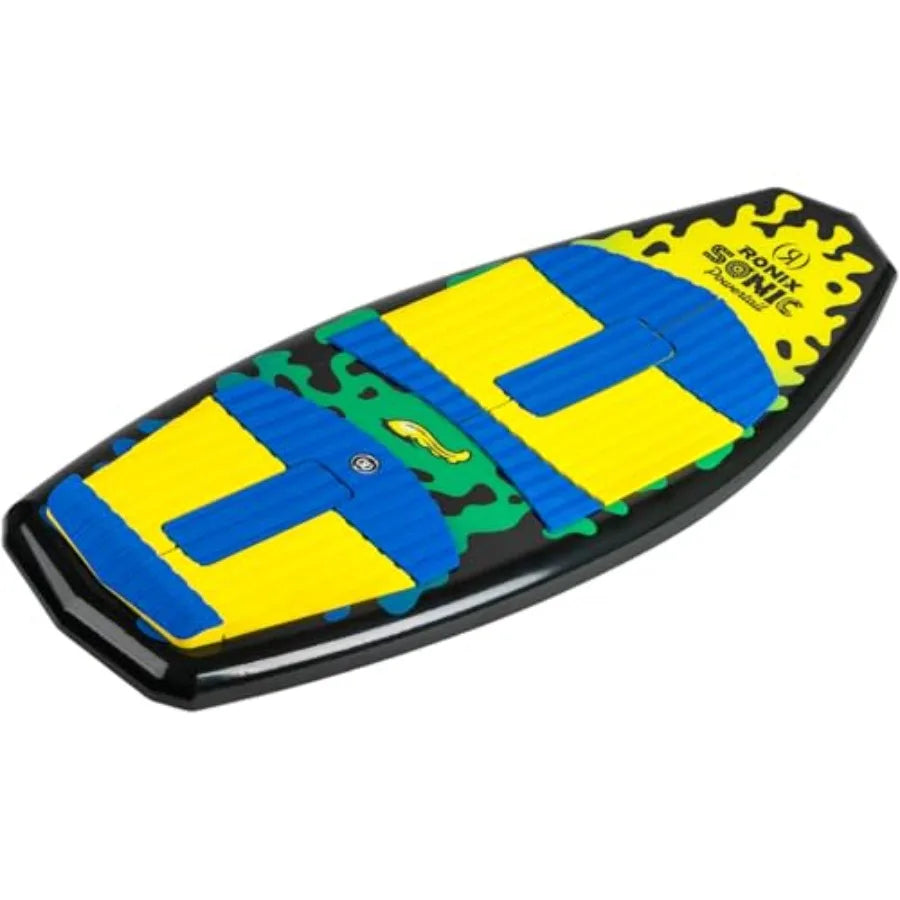 ' wakesurfing board for all skill levels: yellow/green polyethylene board with extended tail surface and Turbo 3000 fin for enh