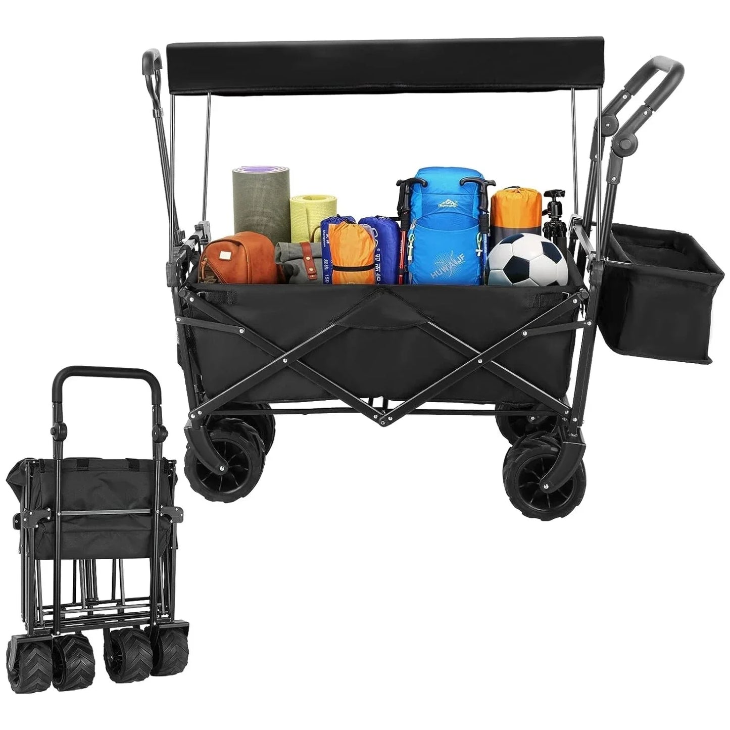 Large Collapsible Wagon w/Removable Canopy Foldable Garden Cart W/ Big Wheel&Adjustable Handles