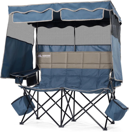 Double Camping Chair with Removable Canopy, Cup Holders & Cooler Bag for Beach, Fishing, Outdoor Use