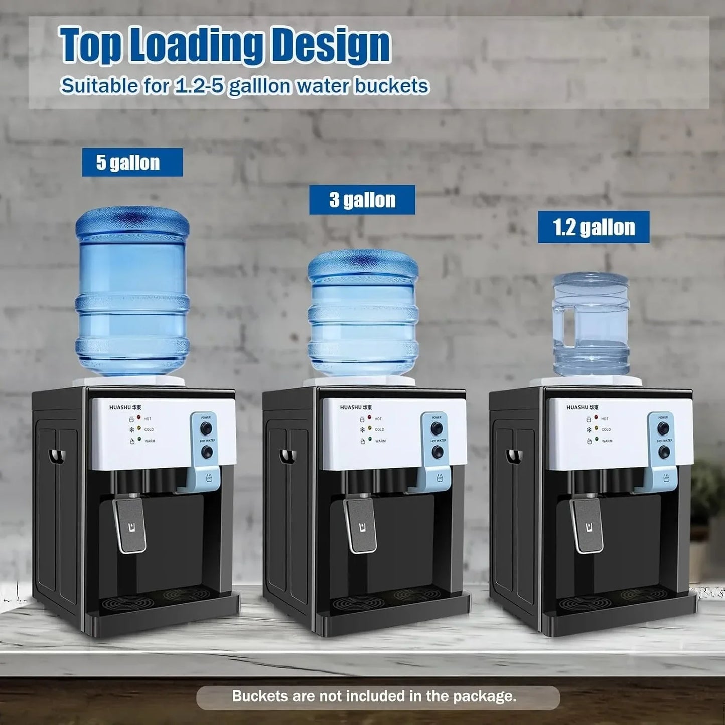 Top Loading Countertop Water Dispenser - 3 Temperature Settings, Fits 1-5 Gallon Bottles /Hot/Cold - 110V 550W (White)