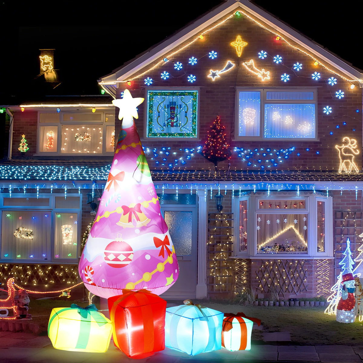 7.1ft Pink Christmas Tree Inflatable Outdoor Yard Decor With Led Lights And 4 Gift Boxes, Blow Up Holiday Decoration For Lawn Garden