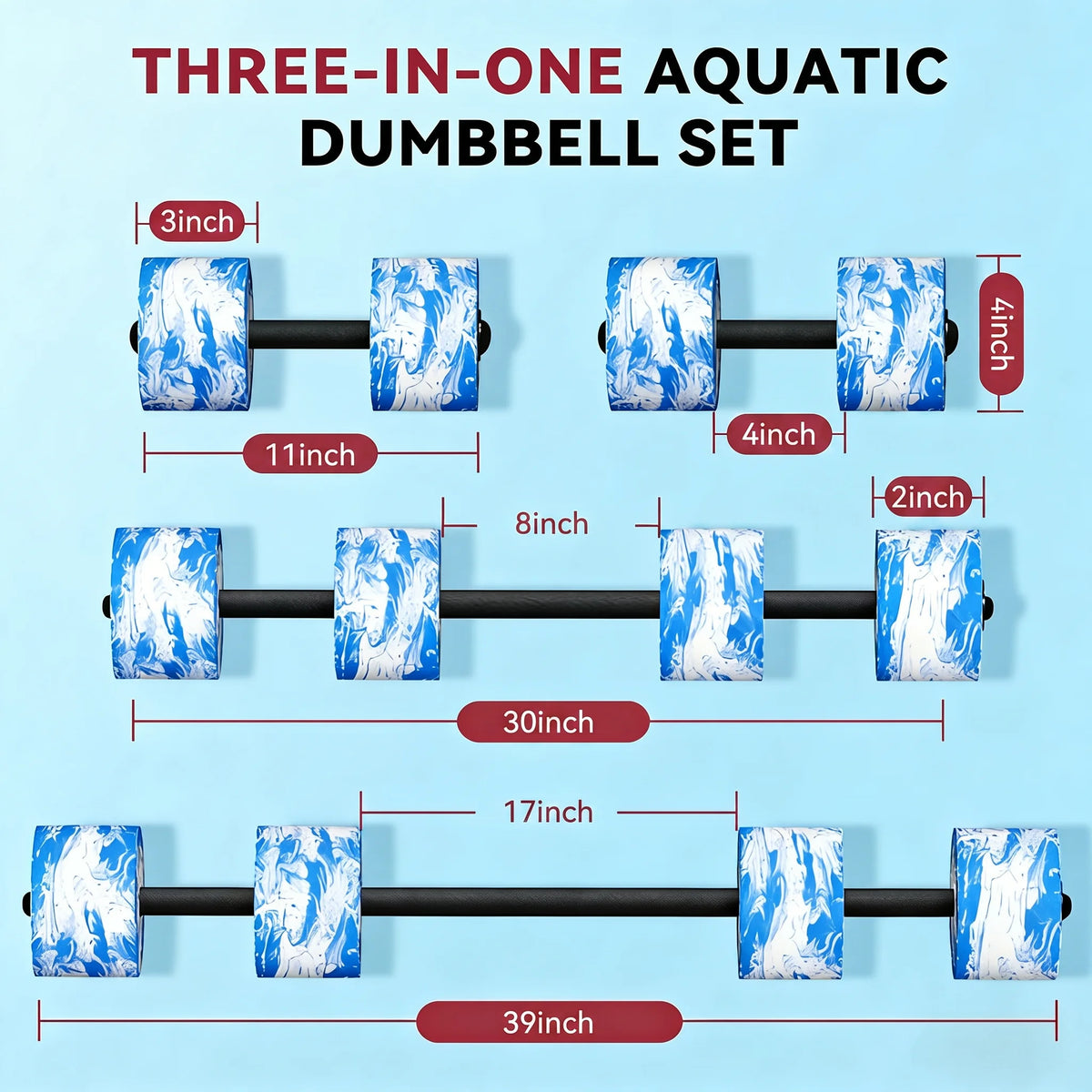 HAPBEAR 3-in-1 Aquatic Exercise Dumbbells, Adjustable Water Weights for Pool Exercise, High-Density EVA Foam Barbell for Water Aerobics Equipment, Physical Therapy & Joint-Friendly Strength Training