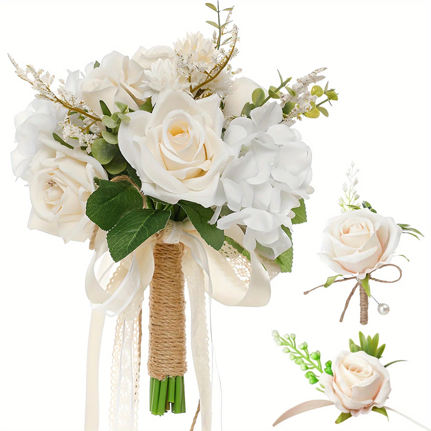 3Pcs Bridal Bridesmaid Wedding Bouque Artificial White Silk Rose,Mariage Bouquet,Wedding Accessories,Boutonnieres,Wrist Corsage