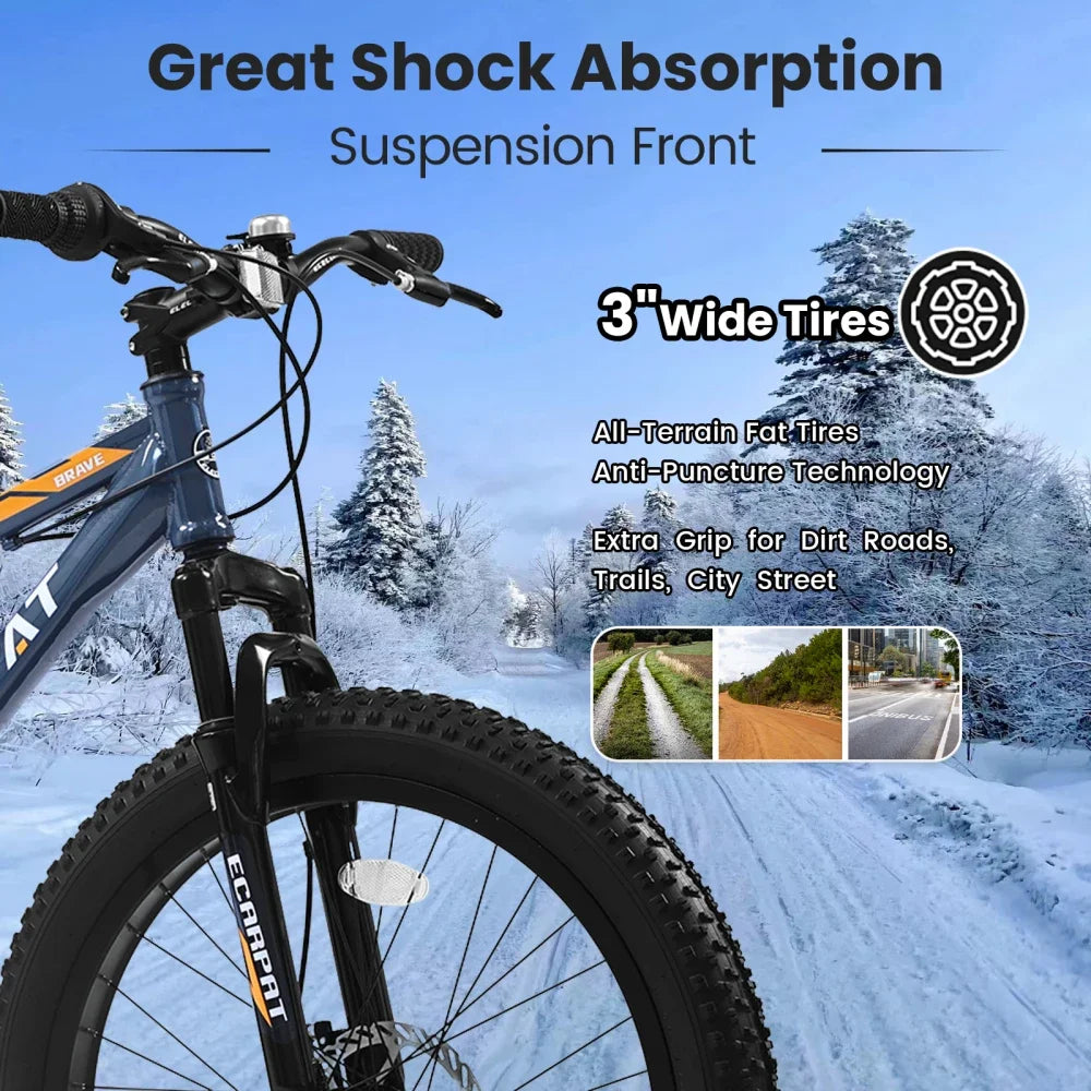 24 Inch Fat Tire Bike Adult/Youth Full Shimano 7 Speeds Mountain Bike, Dual Disc Brake, High-Carbon Steel Frame, Front Suspension, Mountain Trail Bike, Urban Commuter City Bicycle