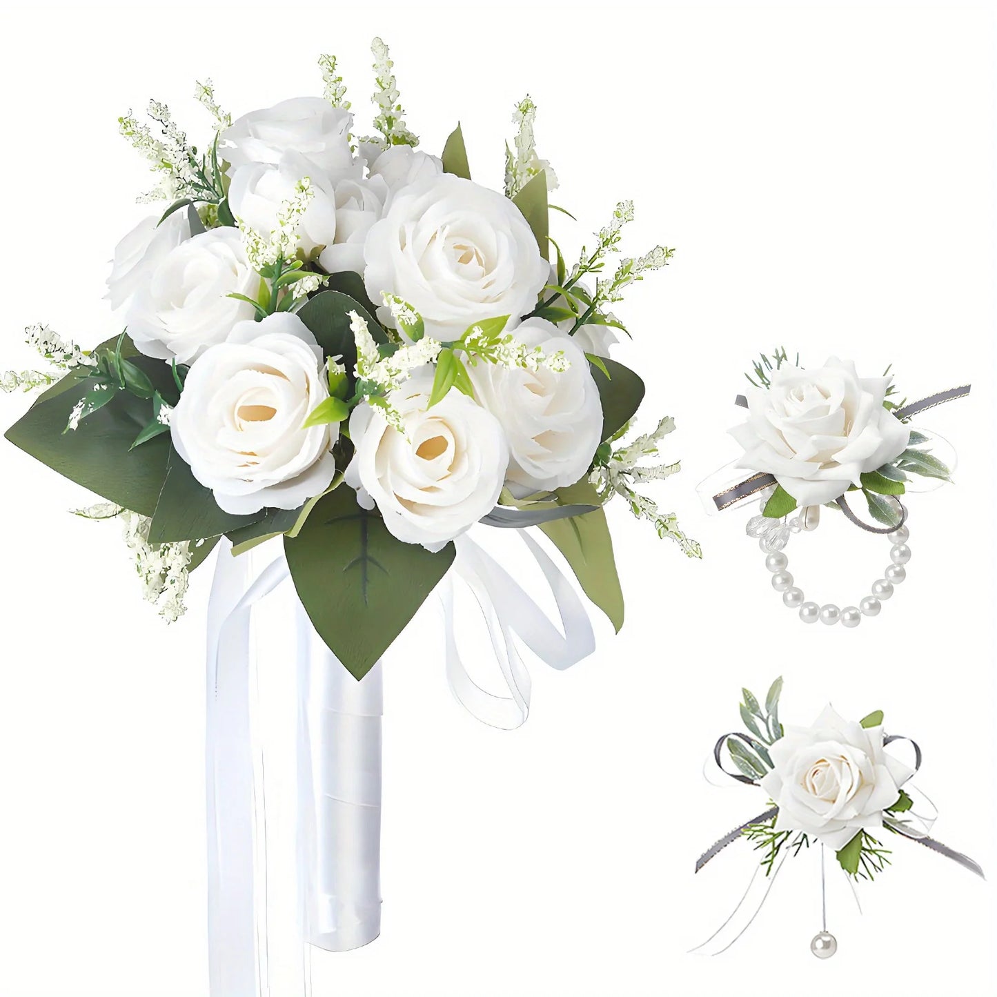3Pcs Bridal Bridesmaid Wedding Bouque Artificial White Silk Rose,Mariage Bouquet,Wedding Accessories,Boutonnieres,Wrist Corsage